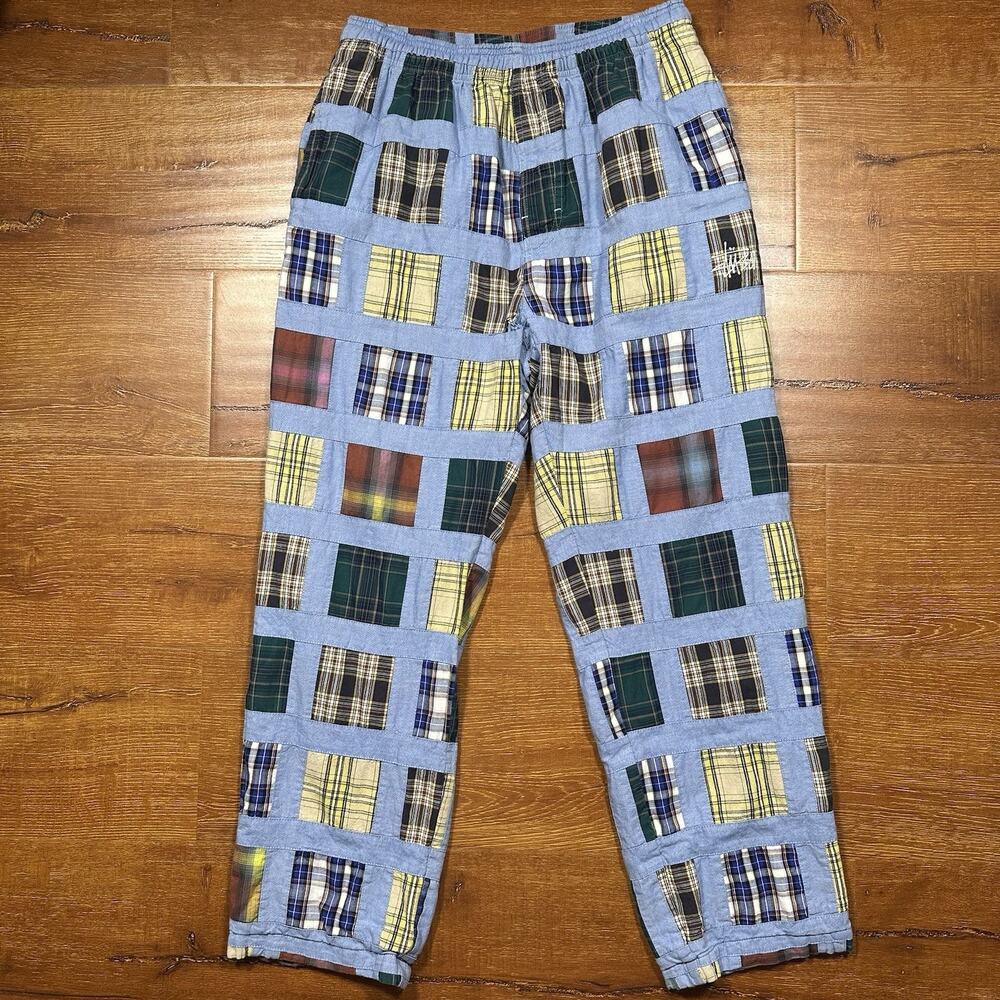 Supreme Patchwork Pants Men M Blue Tartan Plaid Straight Leg Streetwear Designer